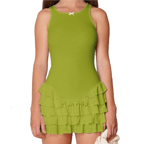 Image of Women's Summer Frill Rank Dress Sleeveless Bodycon Tiered Ruched Skim Hem Dress Green