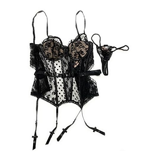 Victoria's Secret Designer Collection 32C XSmall Corset Set Bundle of 2: 1 32C Corset Slip and 1 X Small G-String Thong Black