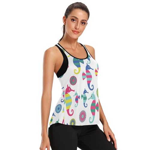 Tops de Treino Cavalo Marinho Desenhos Marinhos Mulheres Sem Manga Tie Back Muscle Tank Gym Yoga Top