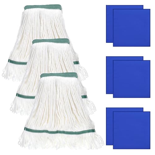 3 Pcs White Mop Head Replacement, 6 Pcs Blue Microfiber Cleaning Cloth Set, Heavy Duty Looped End String Cleaning Mop Head Refills, Lint/Streak Free Clean Rags, for House, Kitchen, Window, Workshop