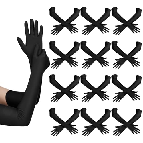 12 Pairs Of Black Long Satin Gloves, Seamless, 20S-Inspired, 20.9 In, Highly Elastic, Perfect For Weddings And Parties