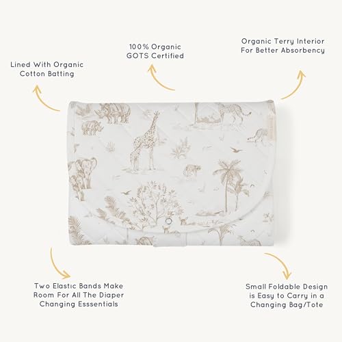 Makemake Organics Organic Portable Changing Pad GOTS Certified Organic Cotton Fill Portable Diaper Changing Mat Diaper Clutch Changing Station Kit Compact Travel Pad (33\"x34\", Safari)