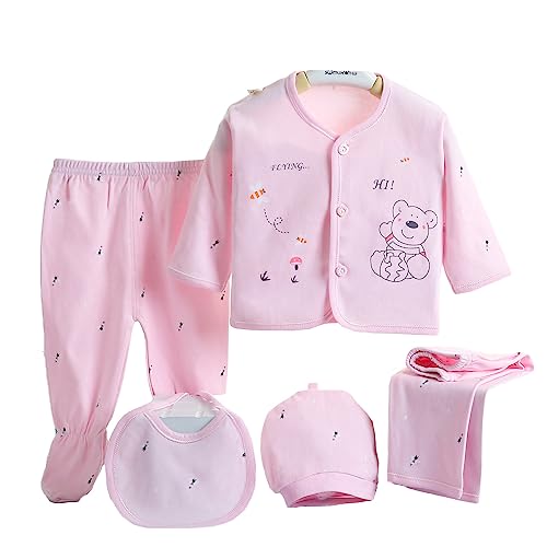 Gajaous Baby Boy Girl's 5PCS Newborn Cotton Grow Top Hat Pants PlaySuit Sets Outfit, Pink #5, 0-3 Months