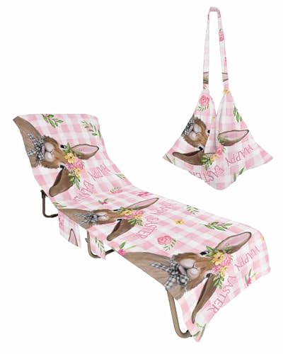 Pink Plaid Bunny Easter Beach Lounge Chair Towel Cover, Soft Chaise Lounge Towel with Side Pockets Patio Pool Chairs Cover for Beach/Pool Sunbathing 29x85 Spring Floral Botanical