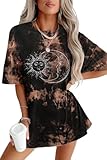 CSDAJIO Women's Casual Short Sleeve Loose Shirt Oversized T-Shirt Trendy Going Out Crew Neck Summer Graphic Tees Mainplanets Blackbrown Small