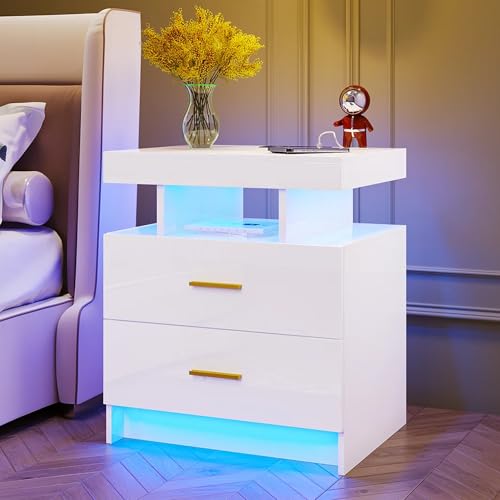 Vlsrka Mesa de Noche con luz, Mesa de Noche LED con Estación de Carga y Puerto USB, Mesa de Noche con 2 Cajones, Mesillas de Noche Dormitorio, Sala de Estar, Blanco Brillante