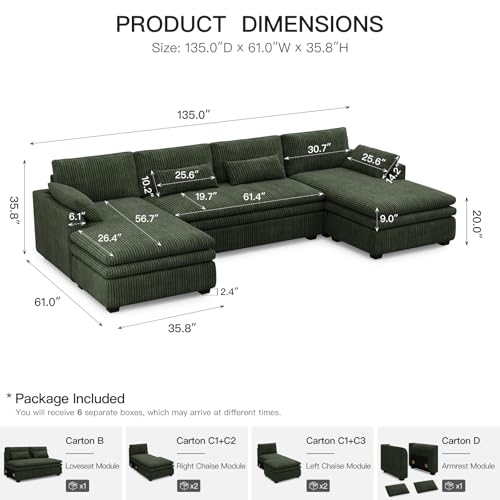 Belffin Large Modular Sectional Sofa with Double Deep Chaise, 135" Corduroy U Shaped Sectional Couch with 9" Soft Dual-Layer 6 Seats U Shaped Couch for Living Room, Apartment, Green - Image 3