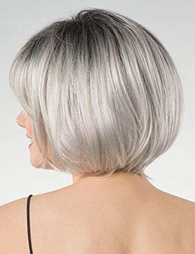 Renershow Grey Bob Short Wigs For White Women Ombre Gray Bob Wig With Bangs Straight Bob Haircuts Heat Synthetic Wigs For Old Lady #TOP1