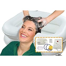 OrtoPrime Lavacabezas Hinchable para Cama KIT COMPLETO con tubo de Drenaje y Bolsa - Ortopedia Lavacabezas Portátil PELUQUERÍA y HOGAR con Hinchador - Lavabo de Cabello Bañera Hinchable para Cama