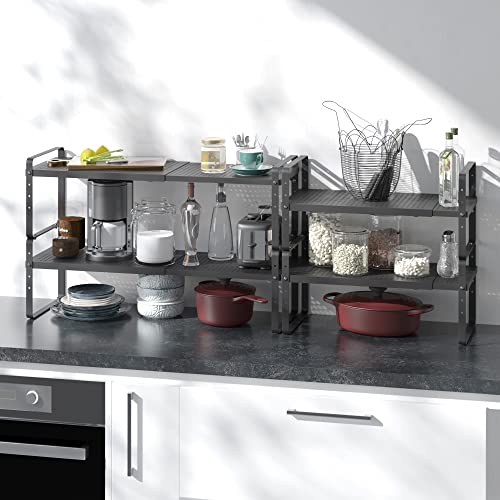 Expandable Cabinet Shelf Organizer Adjustable Metal Spice Rack Stackable Freestanding Counter Storage Shelves For Kitchen Cabinet Under Sink Office Desk (Black - 2Pack - L16.5-27'' * W10.2'' * H9.6'') #TOP2