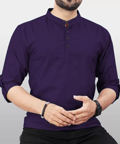Image of DEEMOON Men's Regular Fit Solid Sprad Collar Casual Shirt with a Trendy Mandarin Collar Crafted from a Premium Cotton Blend
