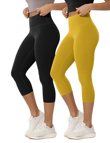 ODODOS 2-Pack Buttery Soft Lounge Yoga Capris for Women 21" High Waist Cropped Capri Leggings, Black+Mango Mint, X-Large