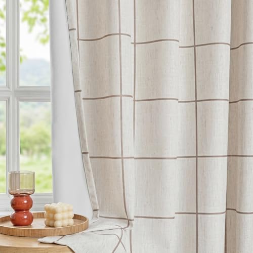 Image of MYSKY HOME 100% Blackout Brown Plaid Linen Curtains 90 Inches Long 2 Panels Set Double Layer Farmhouse Thermal Insulated Black Out Checkered Print Drapes for Living Room, 2 Panels, 52 inch W Each Panel