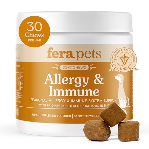 Fera Pets Dog Allergy and Immune Support with Organic Mushrooms, Postbiotics & Colostrum - Promotes Skin & Gut Health - Soothes Seasonal Allergy Symptoms - 30 Soft Chews