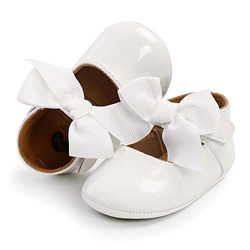 Image of Baby Girls Mary Jane Flats with Bowknot Flowers Princess Wedding Dress Ballet Shoes Non-Slip Toddler First Walkers Newborn Crib Shoes