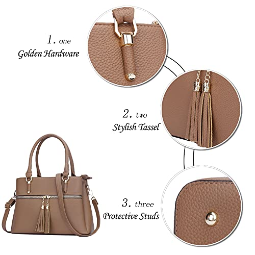 Image of KKXIU Women Purses and Handbags, PU Leather Top Handle Satchel Bag | Removable Long Strap, 3 Zippered Compartments, Crossbody Purse for Ladies, ,Tassel Pendant