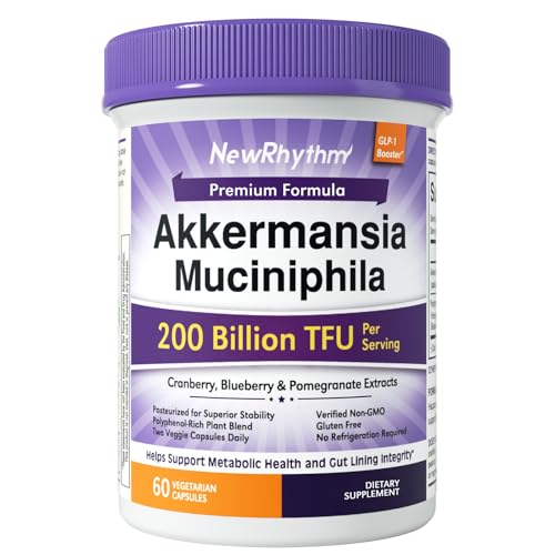 NewRhythm Akkermansia Muciniphila for Women & Men 200B TFU, Naturally Increase GLP-1 Metabolism Booster Gut Lining Repair, Cranberry Blueberry Pomegranate Extracts, Vegan, 60 Caps