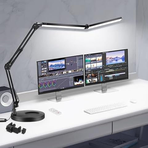 Toolour LED Desk Lamps for Home Office 2 in 1 Large Double Head Desk Lamp with Clamp & Base, Remote Control, Dimmable Architect Clip on Desktop Light Bar with Memory for Working, Crafting, Studying Cover