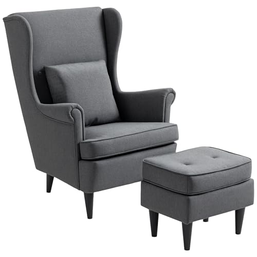 HOMCOM Sillón con Reposapiés Sillón Lectura con Respaldo Alto Capitoné Patas de Madera Almohada Acolchada y Tapizado en Lino Butaca para Salón Dormitorio Oficina Gris Oscuro