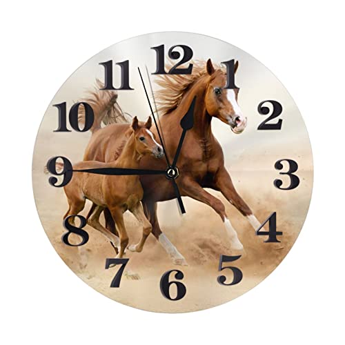 Animaux Cheval Courir Imprimer Horloge Murale Ronde Numérique, Horloges Murales Rondes pour Décor de Salon, Silencieux Non Coutil à Piles pour Horloge...