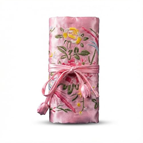 KGCGJVB Travel Jewelry Bag Roll Embroidered Flower Bird Brocade Pink Organizer Pouch Case for Traveling Necklace Holder Rolls Tie Close Storage Accessories