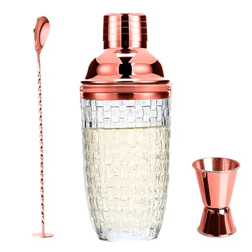 Glass Cocktail Shaker, 400 ml, Rose Gold Clear Glass Cocktail Shaker Set, Cocktail Shaker Glass Mixer with Stainless Steel Measuring Cup and Shovel, Glasses Shaker for Home, Bar, Wine, Mixed Fruit