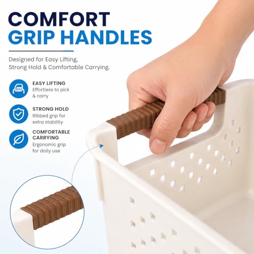 Image of ARICO Elite Crate Plastic Storage Basket with Handles | Multipurpose Organizer Basket for Kitchen, Bathroom, Wardrobe & Toys | Durable Ventilated Storage Tray Off-White (Small)