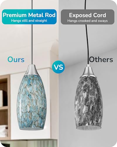 Image of EDISHINE Pendant Light, Hand Blown Hanging Light Fixture, Adjustable Brushed Nickel Rods, 5.12 inch D x 11.4 inch H Shade, Blue Glass Pendant Lighting for Kitchen Island, Sink, Bathroom, Dining Room