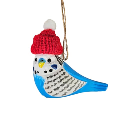 Budgie Parakeet Wooden Christmas Tree Ornament with Red Knit Hat, Hand‑Painted Bird Decoration, 3...