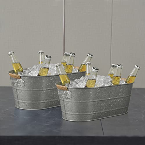 2 Pack Farmhouse Metal Galvanized Beverage Tub, Beer, Wine, Ice Holder - Ice Buckets For Parties,1.45 Gallons Rustic Vintage Storage Oval Bucket Bin - Galvanized/Cutout Handle With Pe Rattan #TOP6
