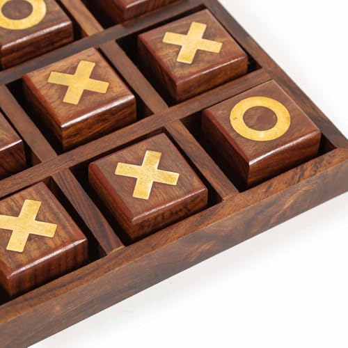 Image of Handcrafted Wooden Noughts and Crosses Tic Tac Toe Game Set, 7 x 7 inches, Gold Inlay Design, Traditional Board Game