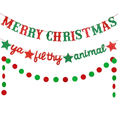 Red and Green Glitter Merry Christmas Ya Filthy Animal Banner, Merry Christmas Party Decorations, Christmas Party Holiday, Merry Christmas Ya Filthy Animal Sign, Christmas Decorations for Home Office Mantel Fireplace, Grinch Christmas Decorations