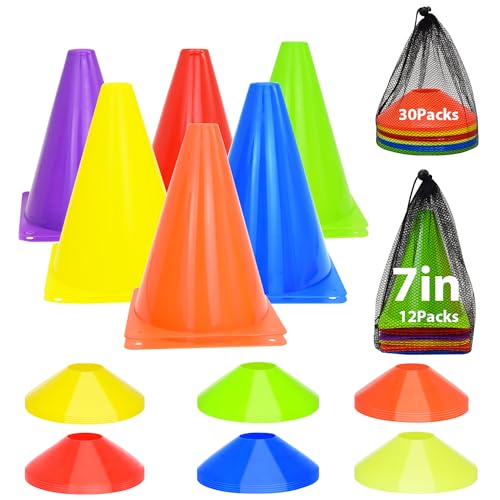 Tialero 42/84Pcs Soccer Cones Set, 12Pcs 7' Cones Sports with 30Pcs Disc Cones & Mesh Bag, Soccer...