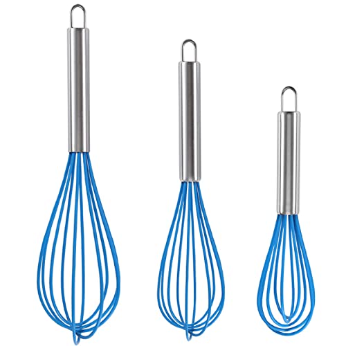 Silicone Whisk, Stainless Steel Wire Whisk Set 8" 10" 12", Kitchen Whisks For Cooking, Balloon Egg Beater Perfect For Blending, Whisking, Beating, Frothing & Stirring (Blue) #TOP9