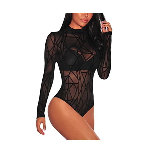 GLUDEAR Womens Sexy Black Sheer Mesh Long Sleeve Jumpsuit Bodysuits Clubwear,Black3,XL