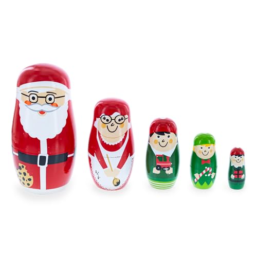BestPysanky Set of 5 Santa, Mrs. Claus, Elf & Snowman Wooden Nesting Dolls 4.75 Inches