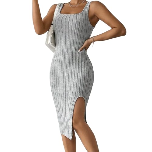 2024 Vestido ceñido Liso de Punto Acanalado, Vestido sin Mangas Elegante con Abertura, Vestido Midi sin Mangas, Ropa de Moda para Mujer, Ropa Sexy para Discoteca para Mujer