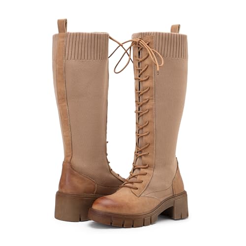 Image of Vepose Women's 953 Knee High Combat Boots Chunky Platform Heel, Lace Up Gothic Punk Work Boots for Dresses and Jeans