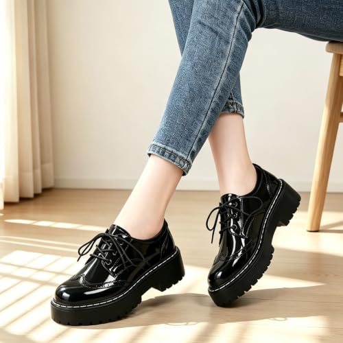 Image of Womens Oxford Shoes Black Leather Platform Oxford Shoes for Women Brogue