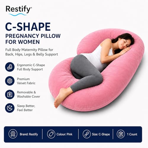 Image of Restify C-Shape Pregnancy Pillow for Women Sleeping | Full Body Maternity Pillow for Back, Hips, Legs & Belly Support | Removable & Washable Velvet Cover | Pink