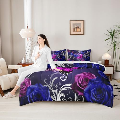 Image of Feelyou Cute Butterfly Comforter Set with Sheets 7 Piece King Size 3D Butterflies Bed in a Bag Kids Boys Girls Galaxy Dreamy Bedding Set Glitter Rose Floral Microfiber