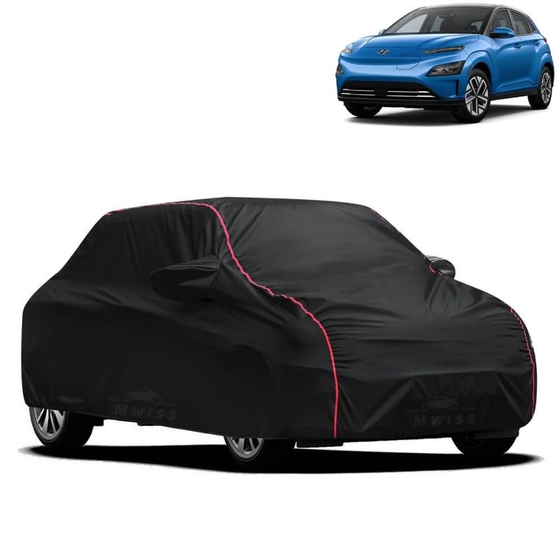 Image of Waterproof Car Cover for Hyundai Kona Eletric | All-Weather Protection, Dustproof & UV Resistant | Triple Stitched Mirror Pockets, Windproof Buckle Strap with Elastic Hem, Black-Red Piping