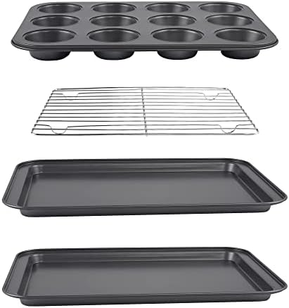 kitCom Toaster Oven 4-Piece Set Nonstick Heavy Duty Carbon Steel, includes Nonstick Cake Pans, Muffin Pan, Cooling Rack, Gray