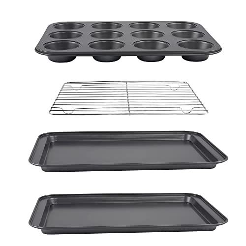 Kitcom Toaster Oven 4-Piece Set Nonstick Heavy Duty Carbon Steel, Includes Nonstick Cake Pans, Muffin Pan, Cooling Rack, Gray #TOP3