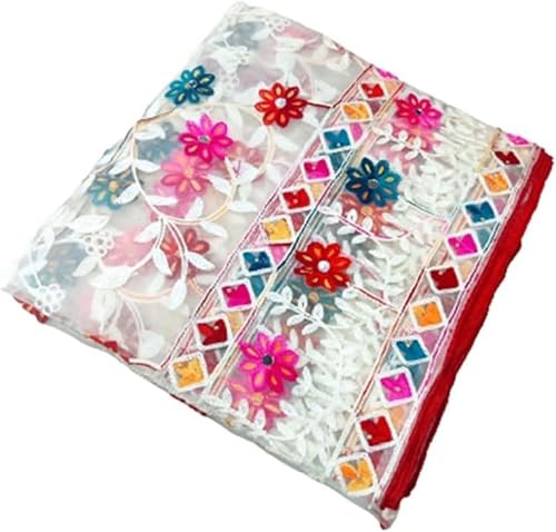 Decorative Embroidered Punjabi Phulkari Dupatta White Floral Pattern with Pink, Red, Blue Flowers, Geometric Border