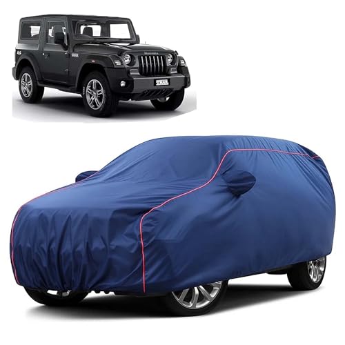 Image of Sulfar 100% Water Resistant Car Body Cover Compatible with Mirror for Mahindra Thar (Triple Stitched, Full Bottom Elastic, Blue Taffeta with Red Piping)