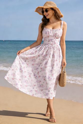 Scarlet Darkness Floral Dress for Women 2026 Corset Milkmaid Dresses Casual Summer Sundress with Pockets Purple L — view 5