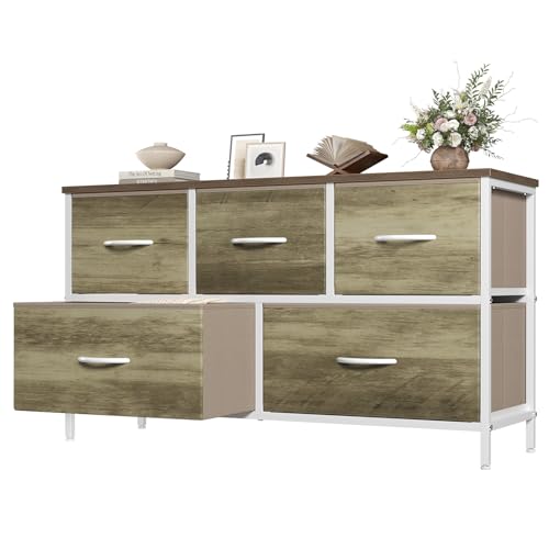 OLIXIS Dresser for Bedroom with 5 Drawers, Wide Chest of Drawers, Fabric Bedroom Dresser with Drawer Organizer, Storage Organizer Unit with Fabric Bins for Closet, Living Room, Hallway, Greige Oak