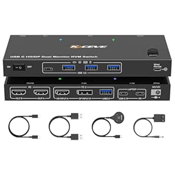 4K@60Hz USB C HDMI DP KVM Switch 1 PC 1 Laptop Sharing 2 Monitore und 4 USB 3.0 Ports, PD 60W für Laptops, Dual Monitor KVM Switches mit Kabelfernbedienung und USB Kabel