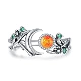 Vintage Opal Moon Ring for Women - 925 Sterling Silver Leaf Moon Rings Earth Ring Moss Agate Promise Ring Engagement Wedding Jewelry Wrap around Rings Adjusting (Sun Moon Ring(Fire Opal))